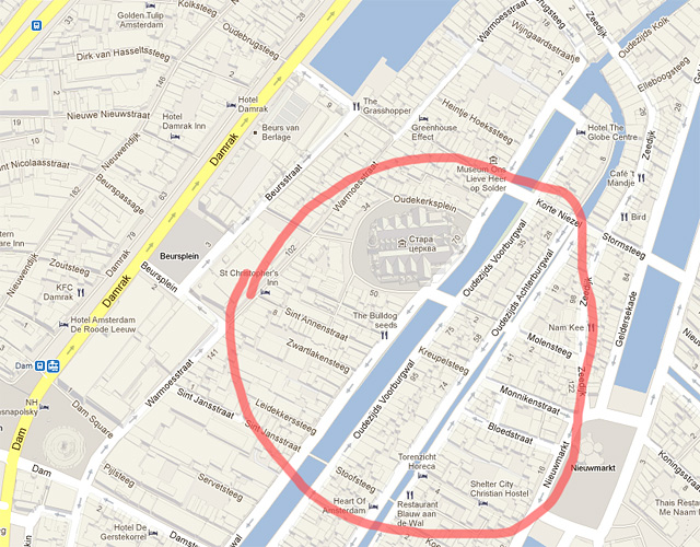 Амстердам. Улица крассных фонарей на карте